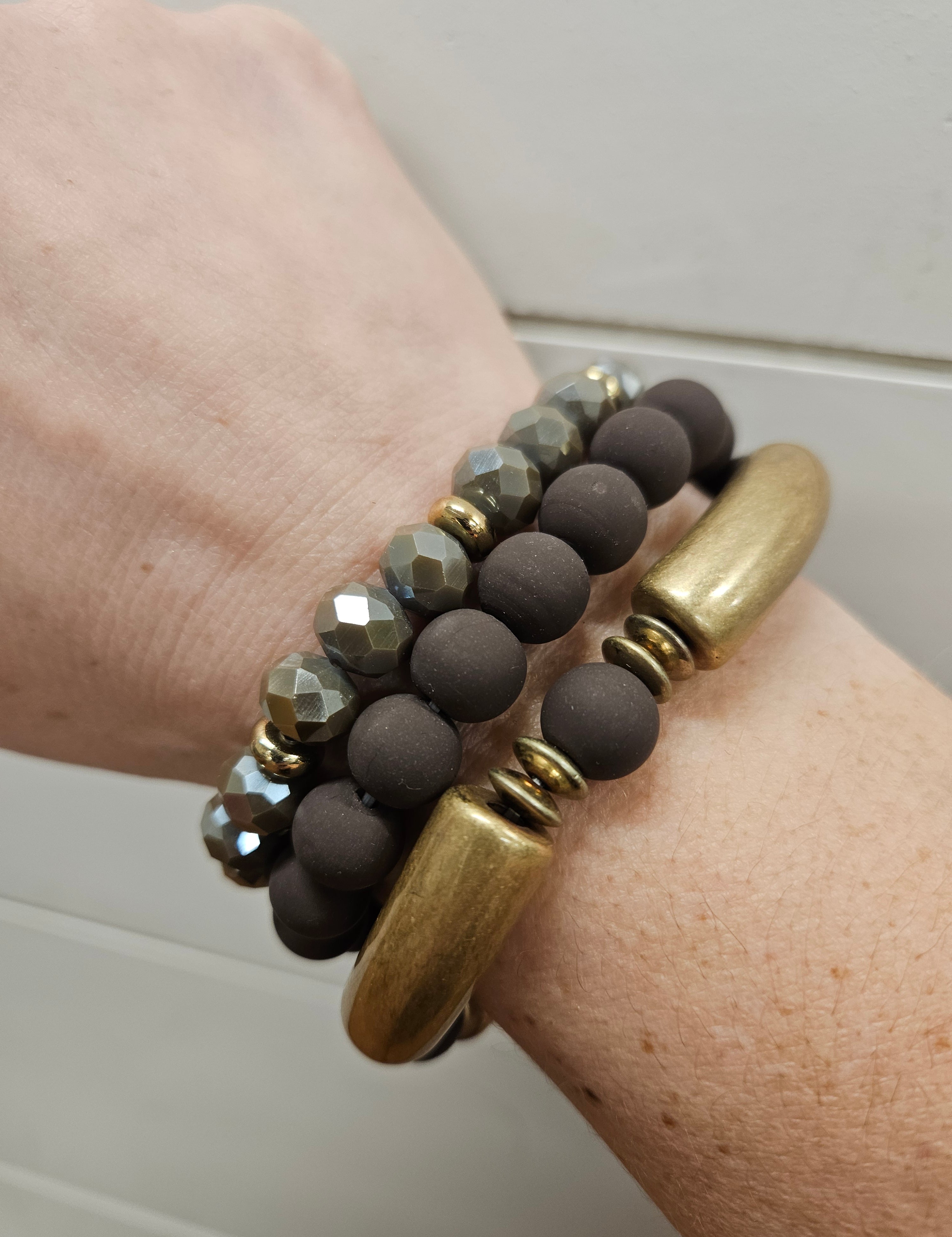 Brown Clay, Gold & Crystal Bracelets (3) Jewelry- Bracelets WHAT'S HOT