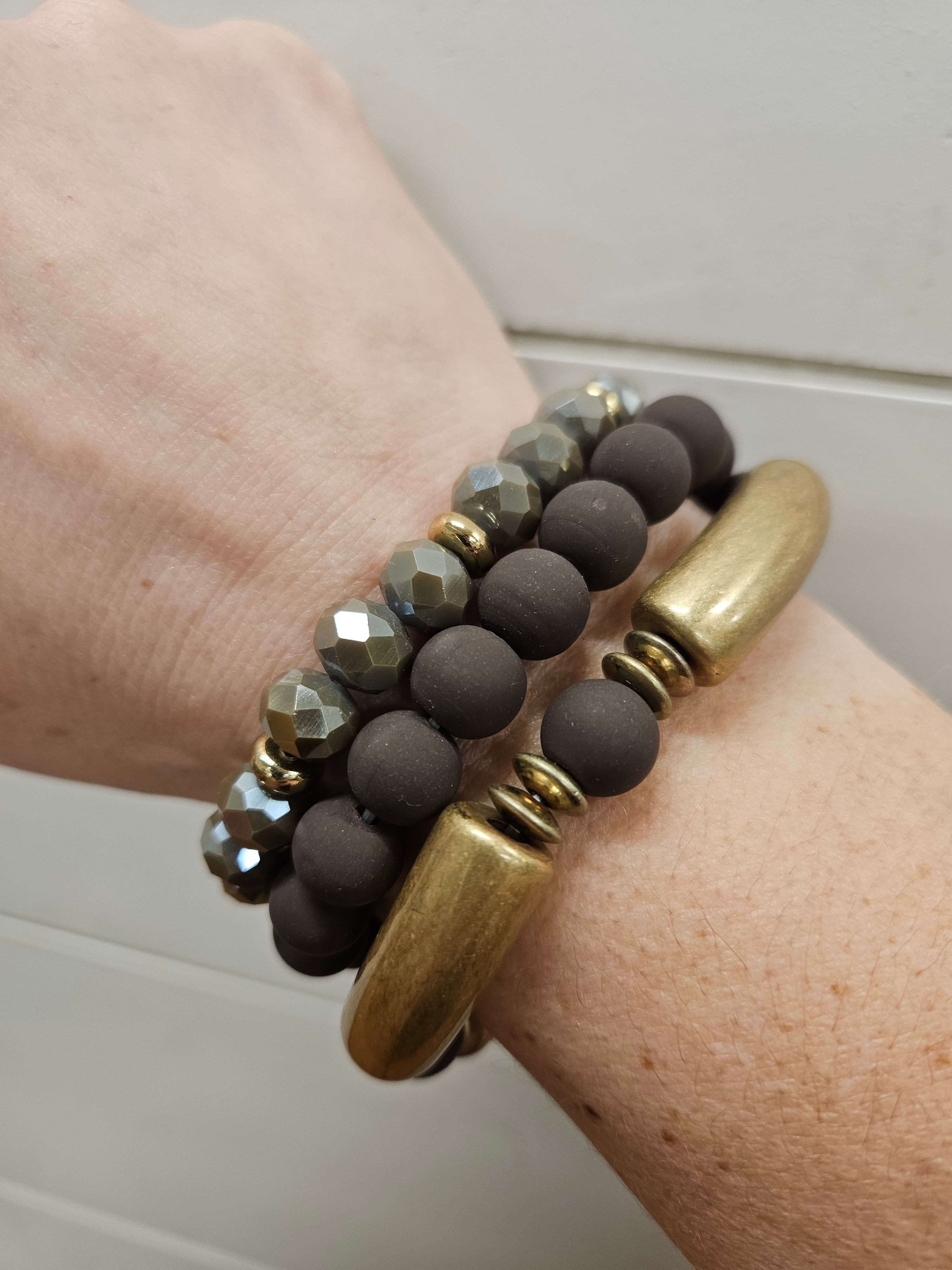 Brown Clay, Gold & Crystal Bracelets (3) Jewelry- Bracelets WHAT'S HOT