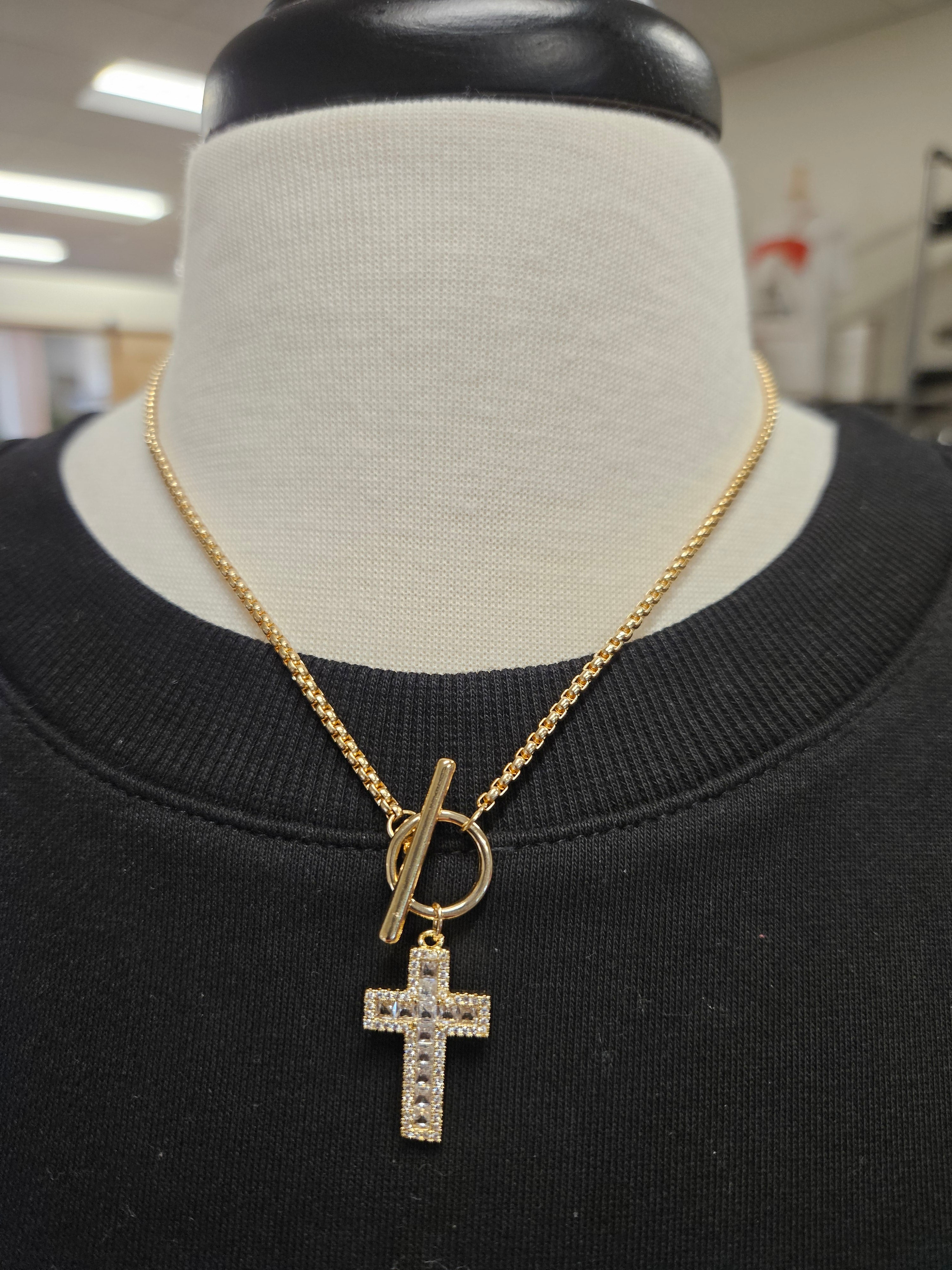 Gold Rope Chain & Rhinestone Toggle Necklace
