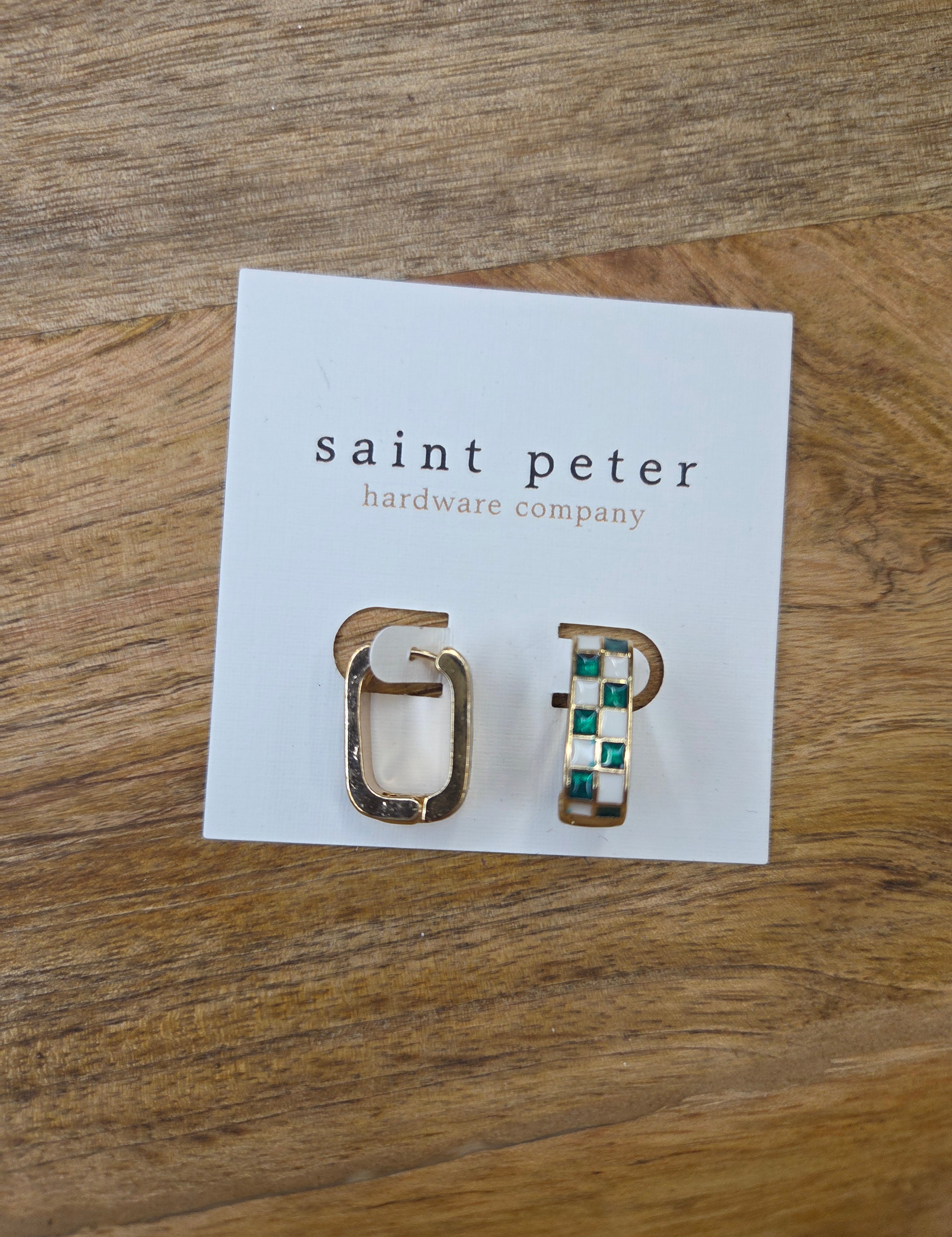 Green Checkered Rectangular Huggie Earring Jewelry - Earrings St. Peter Hardware