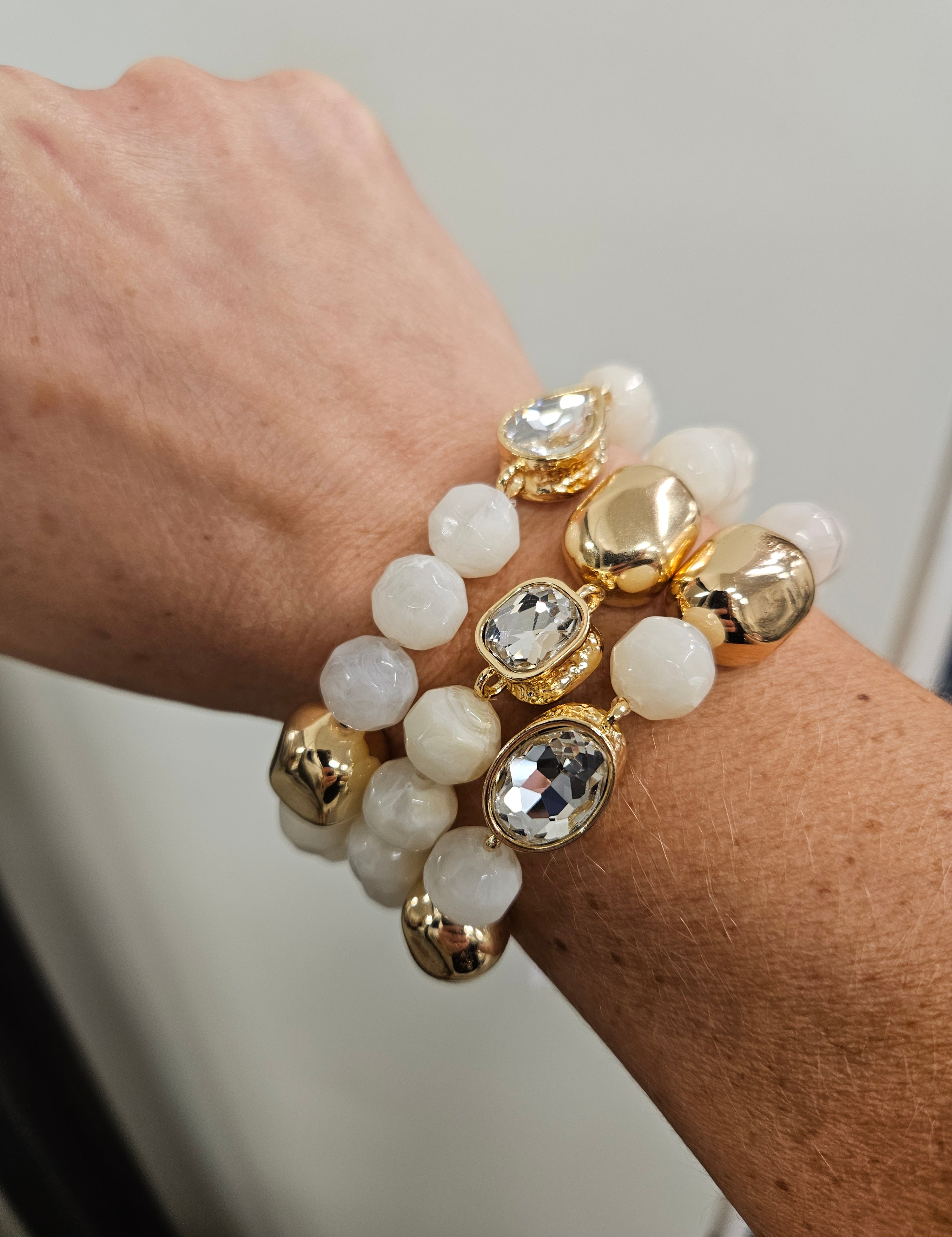 Natural Stone & Gold Set of 3 Rhinestone Bracelets Jewelry- Bracelet WHAT'S HOT
