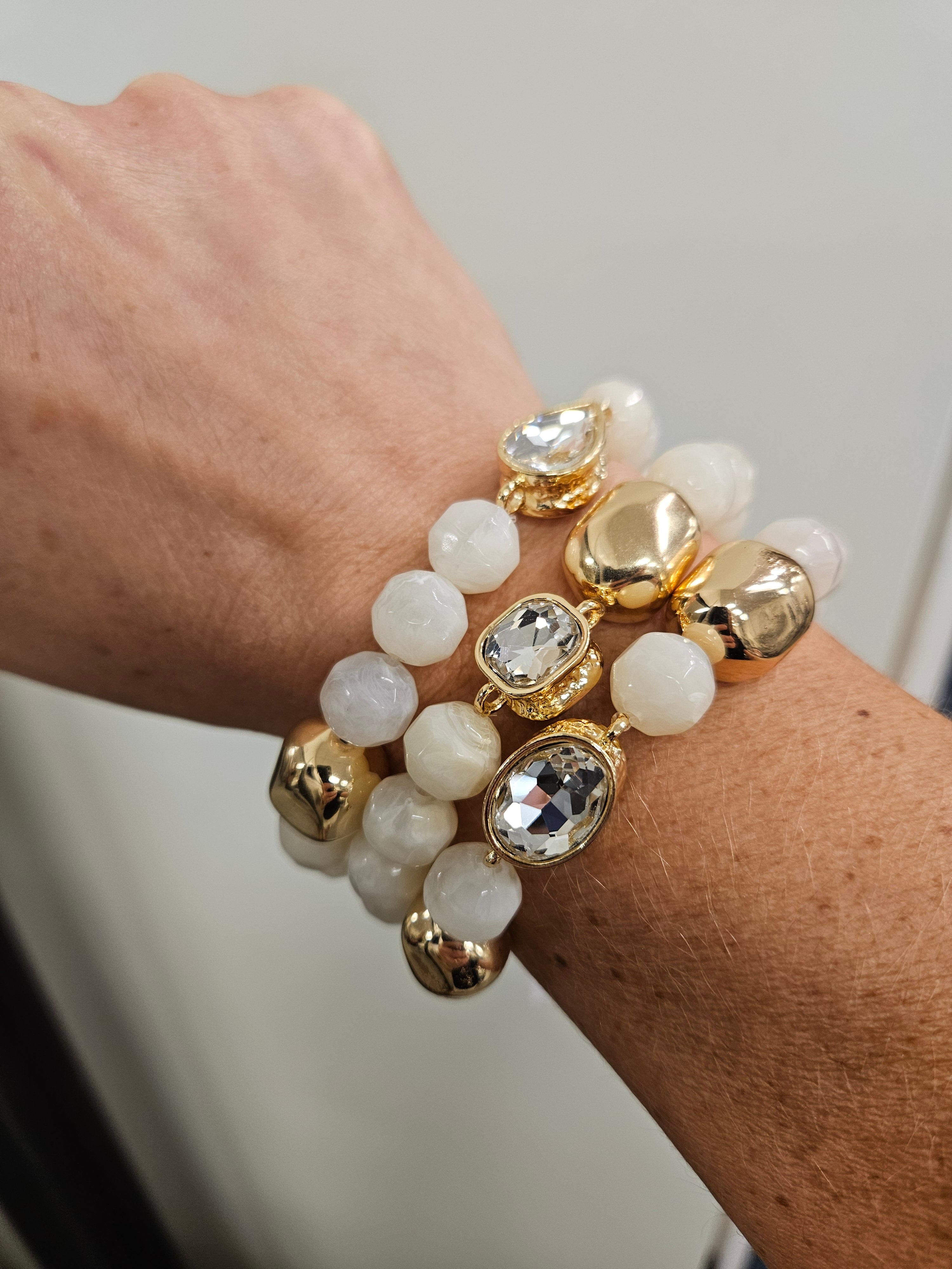Natural Stone & Gold Set of 3 Rhinestone Bracelets Jewelry- Bracelet WHAT'S HOT