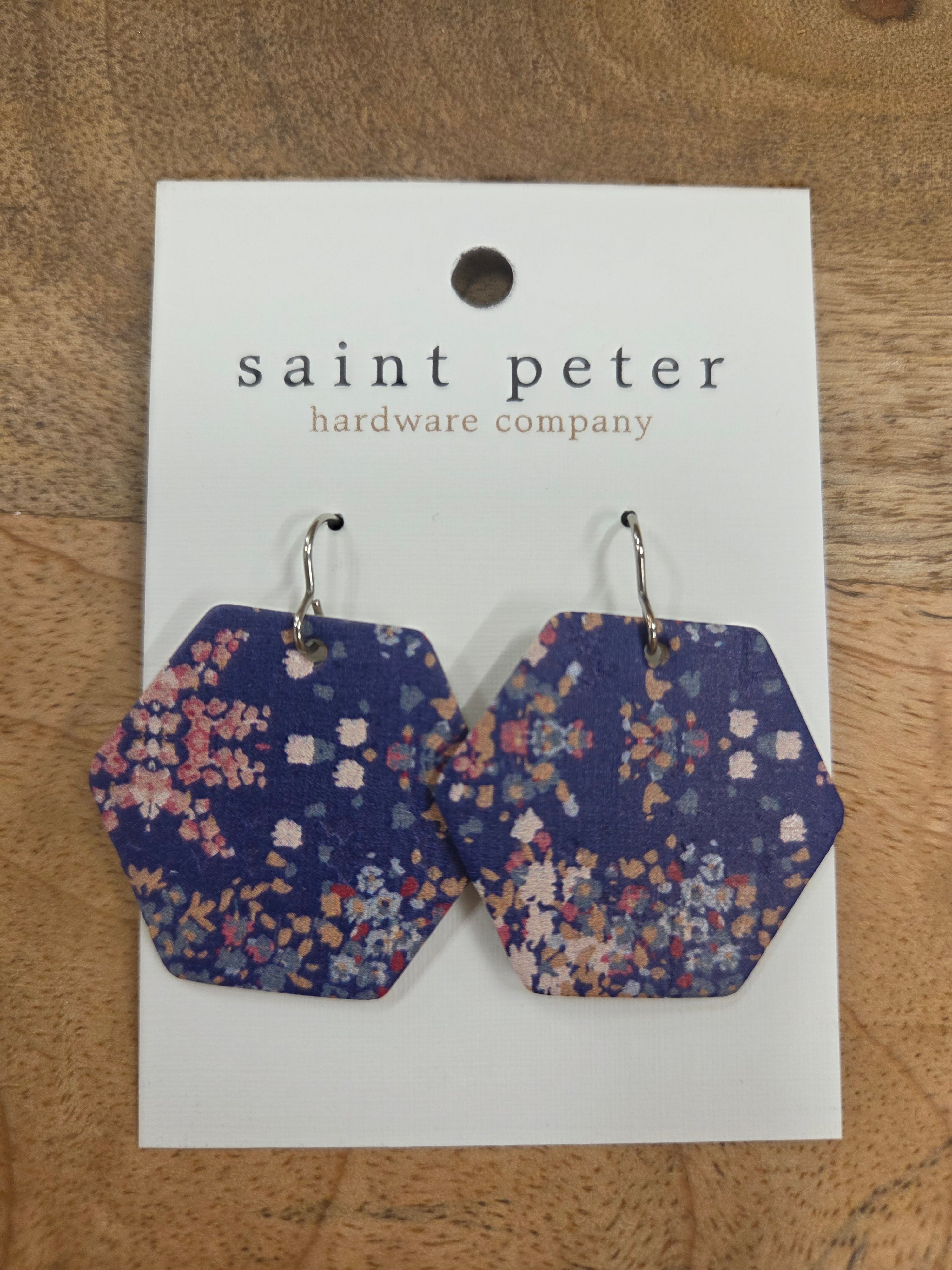 Blue Floral Hexagon Earrings Jewelry - Earrings St. Peter Hardware