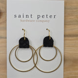 Black Leather & Gold Double Circle Earrings