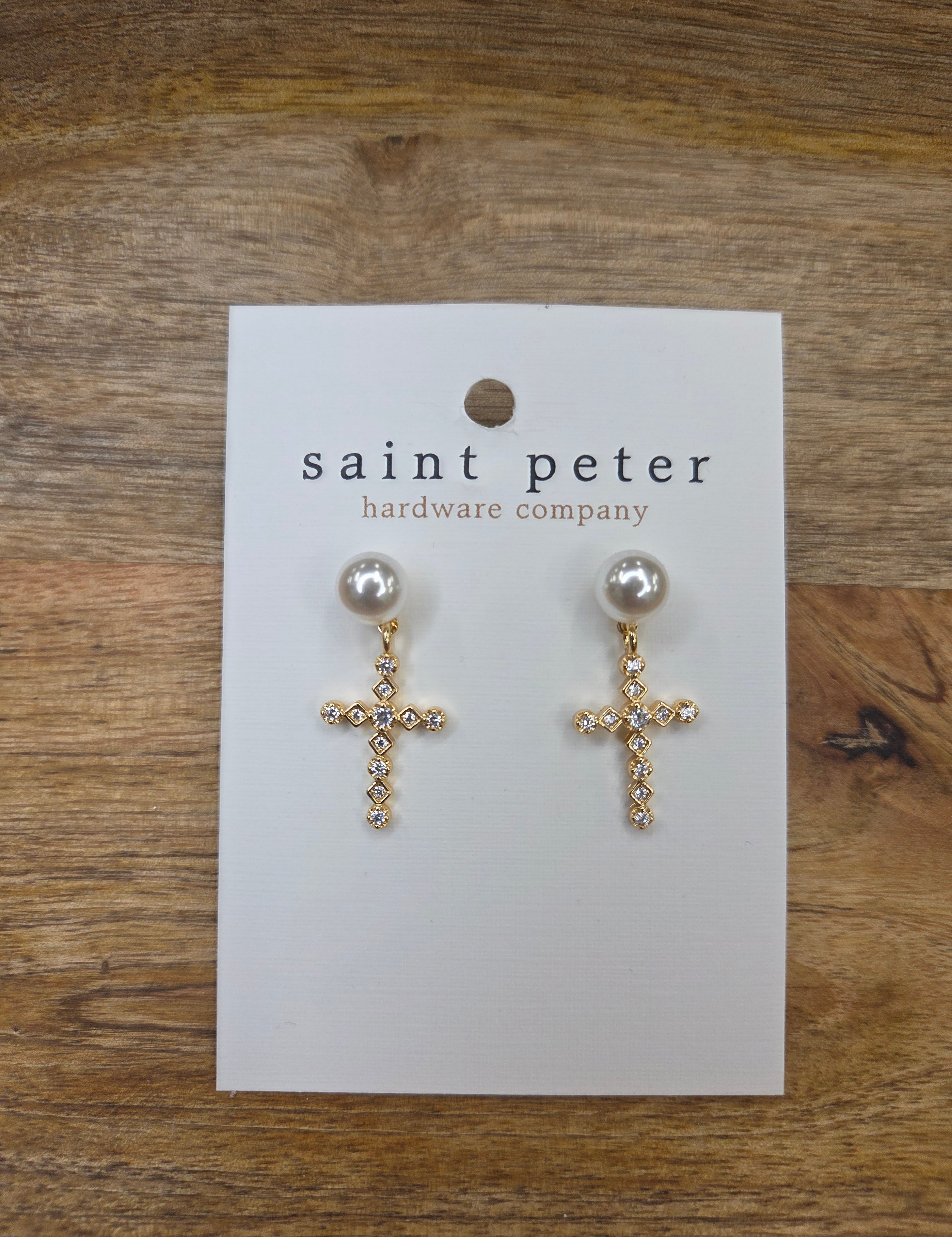 Pearl Cross Earrings with Rhinestones Jewelry - Earrings St. Peter Hardware