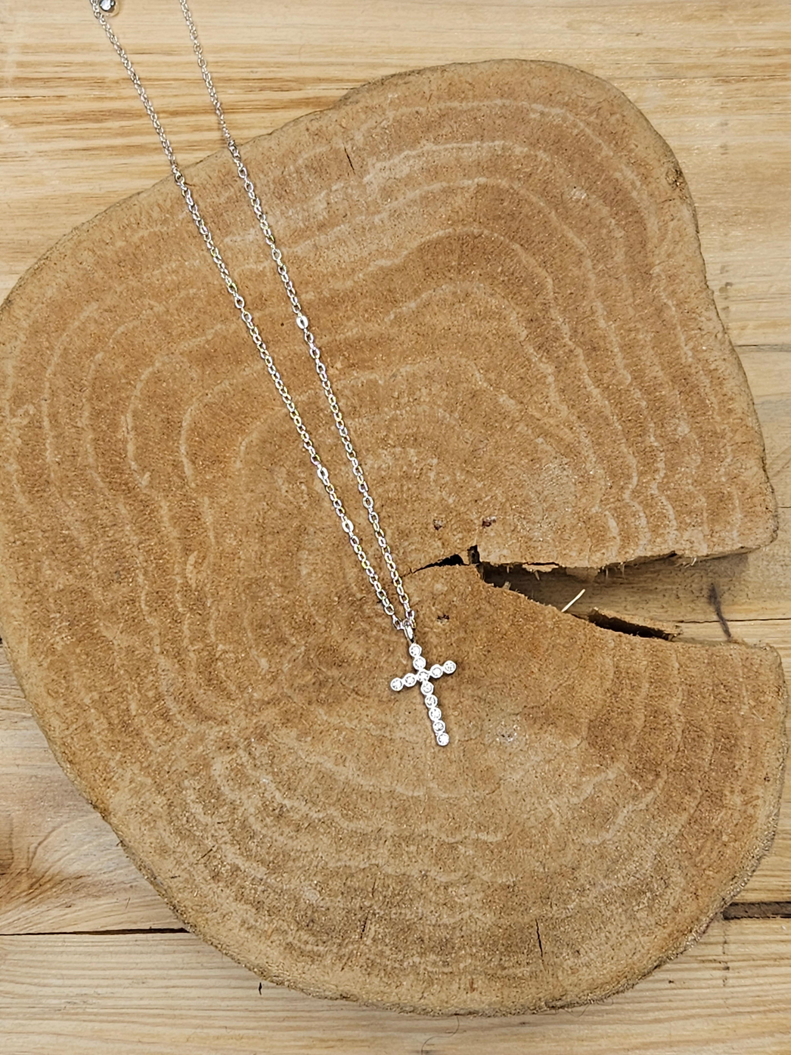 Silver Rhinestone Cross Necklace Jewelry- Necklace WHAT'S HOT