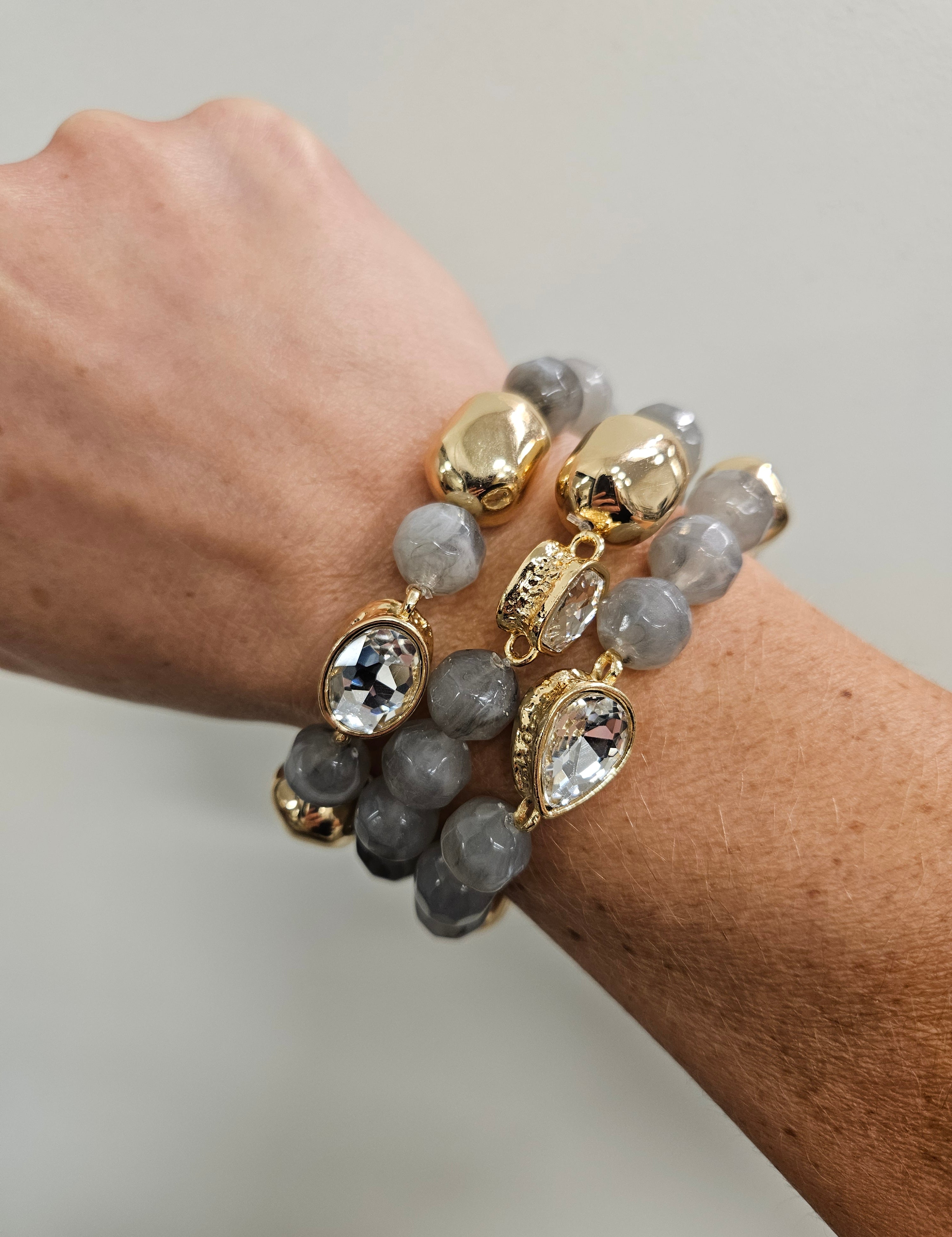 Grey Stone & Gold Set of 3 Rhinestone Bracelets Jewelry- Bracelet WHAT'S HOT
