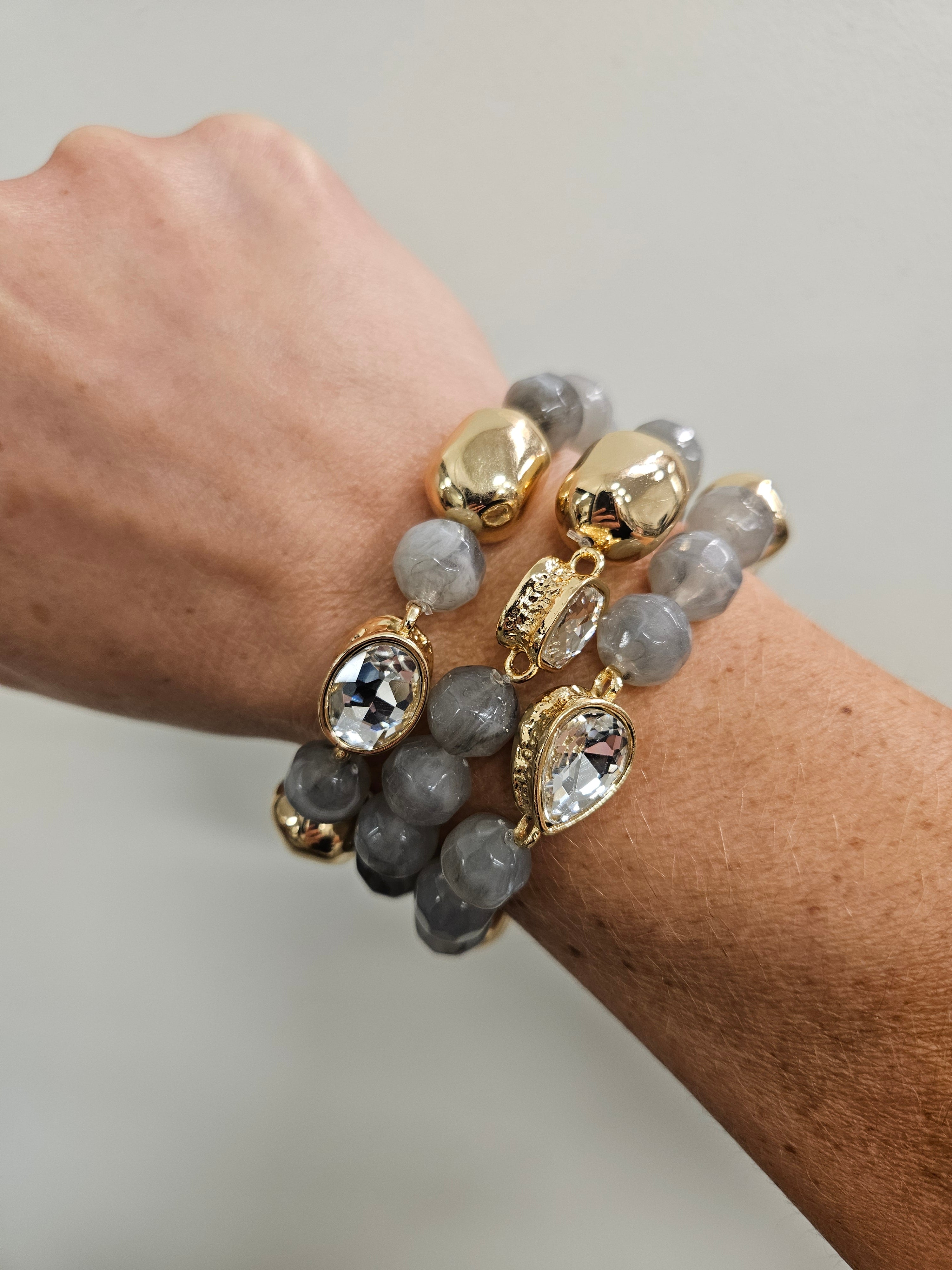 Grey Stone & Gold Set of 3 Rhinestone Bracelets Jewelry- Bracelet WHAT'S HOT
