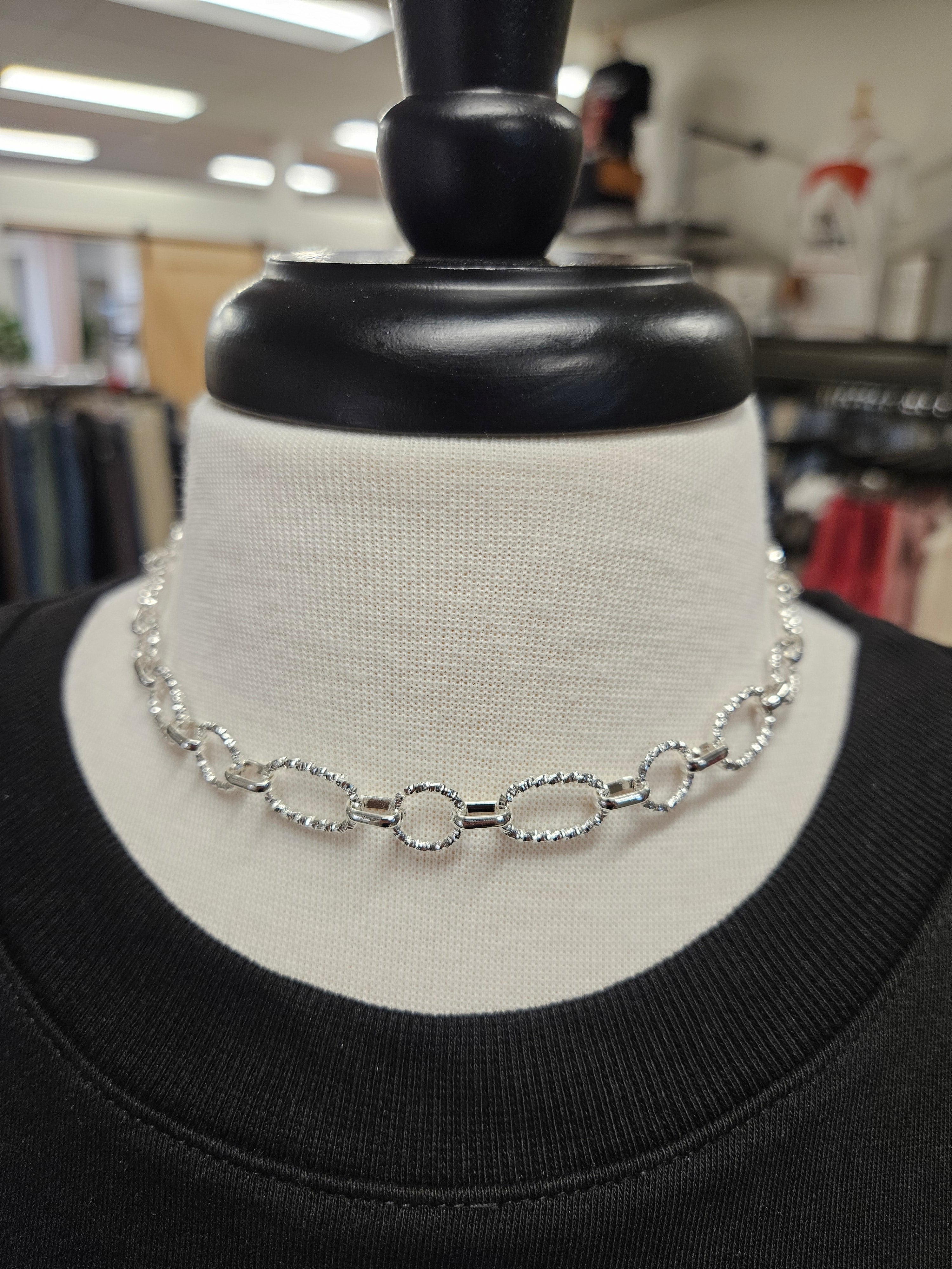 Silver Textured Circle Chain Necklace (water resistant) Jewelry- Necklace WHAT'S HOT