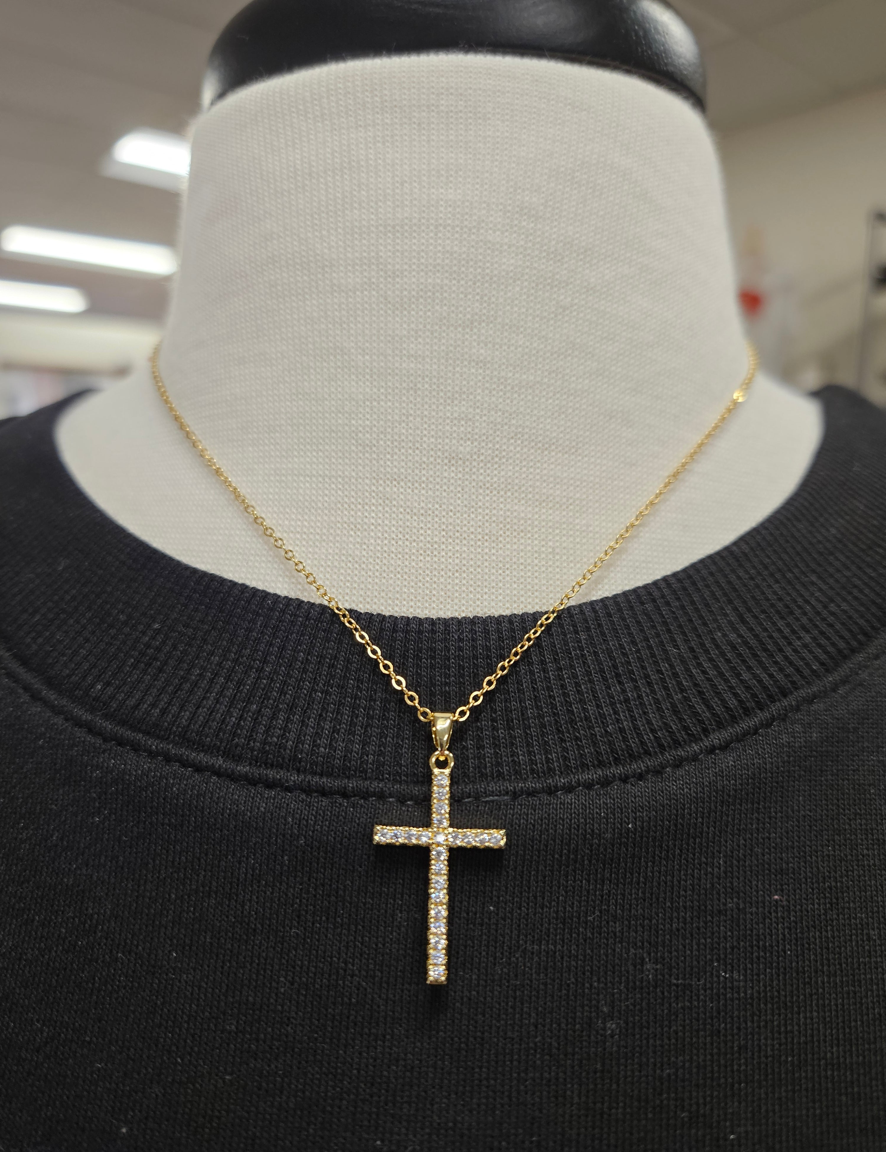 Gold Rhinestone Cross Necklace (stainless waterproof) Jewelry- Necklace WHAT'S HOT