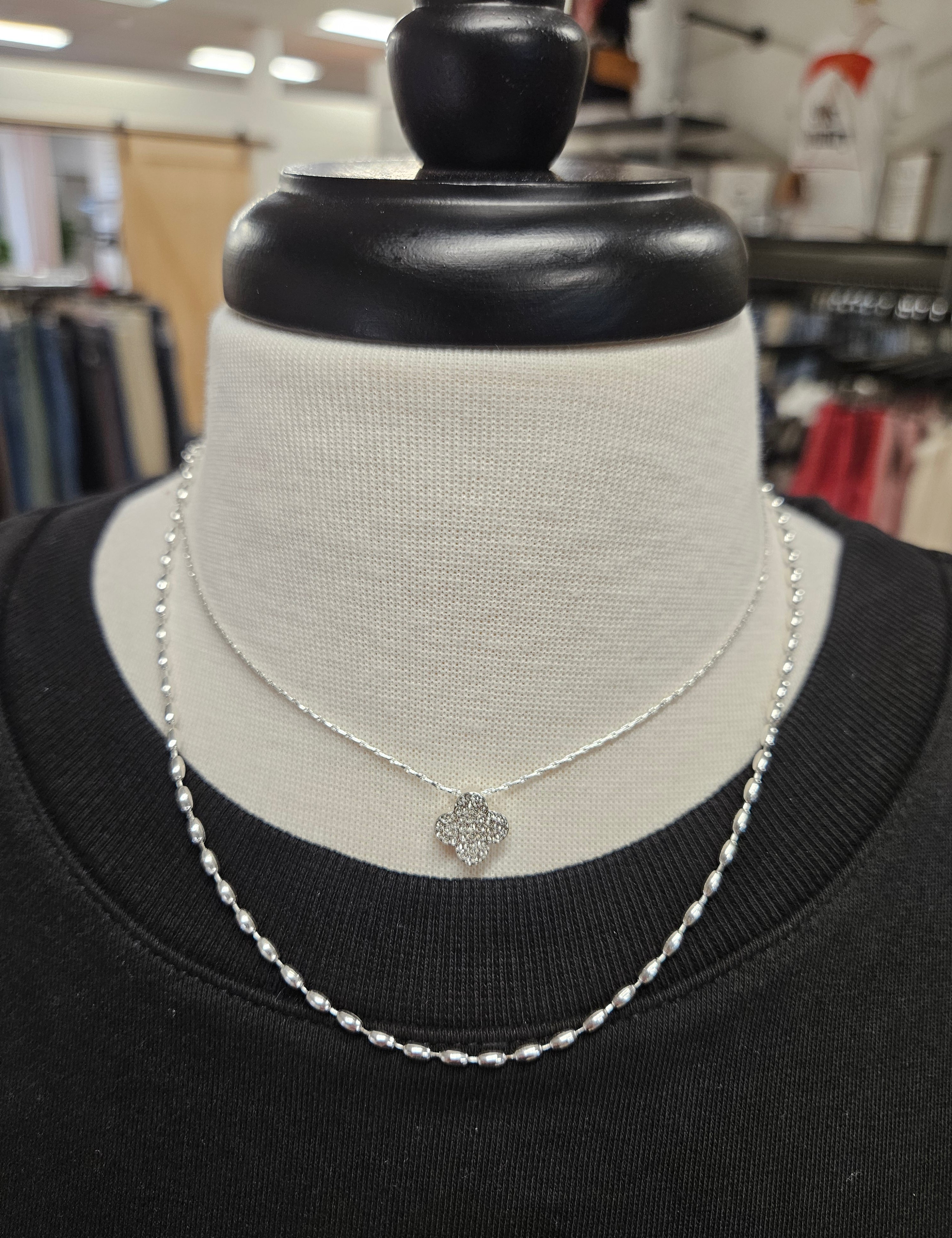 Double Layered Silver Rhinestone Clover Necklace Jewelry- Necklace WHAT'S HOT