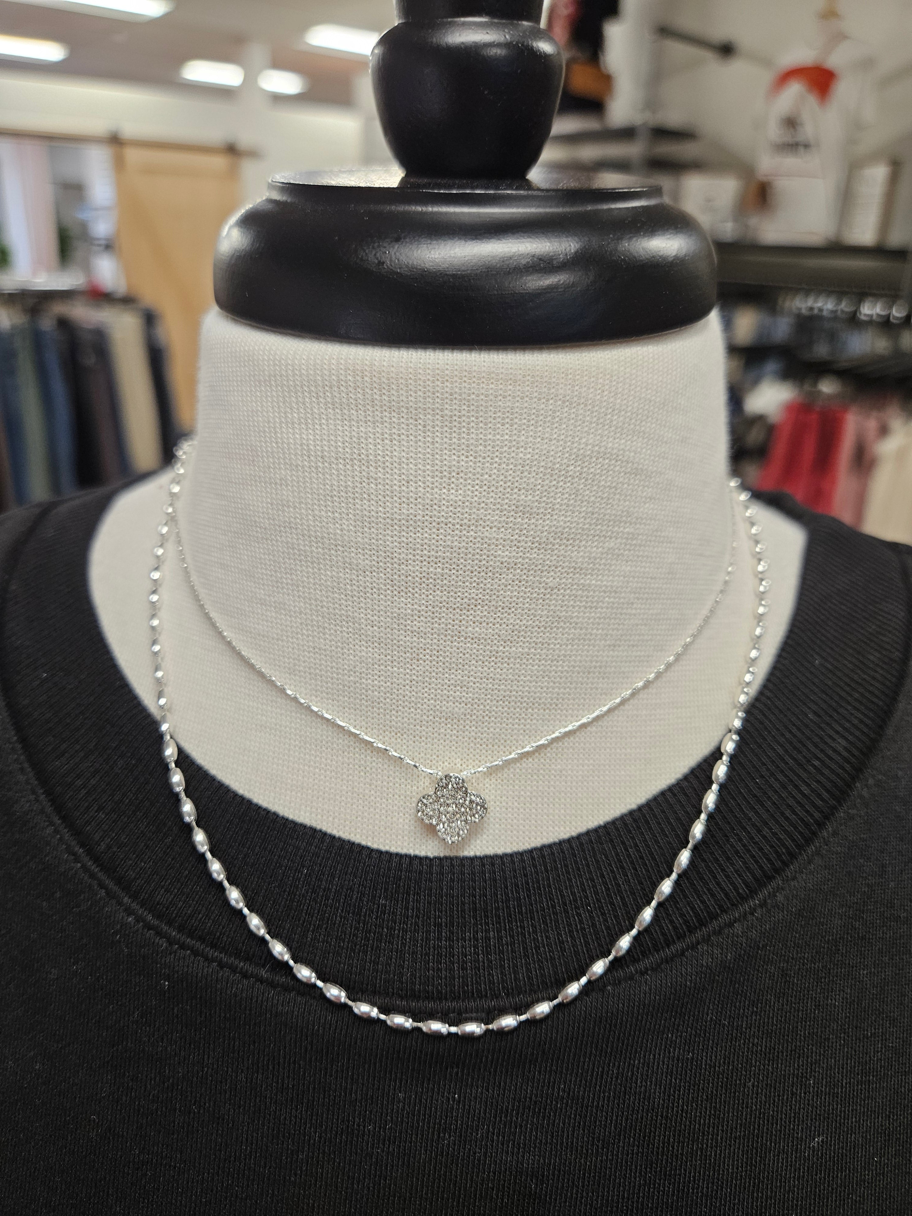 Double Layered Silver Rhinestone Clover Necklace Jewelry- Necklace WHAT'S HOT