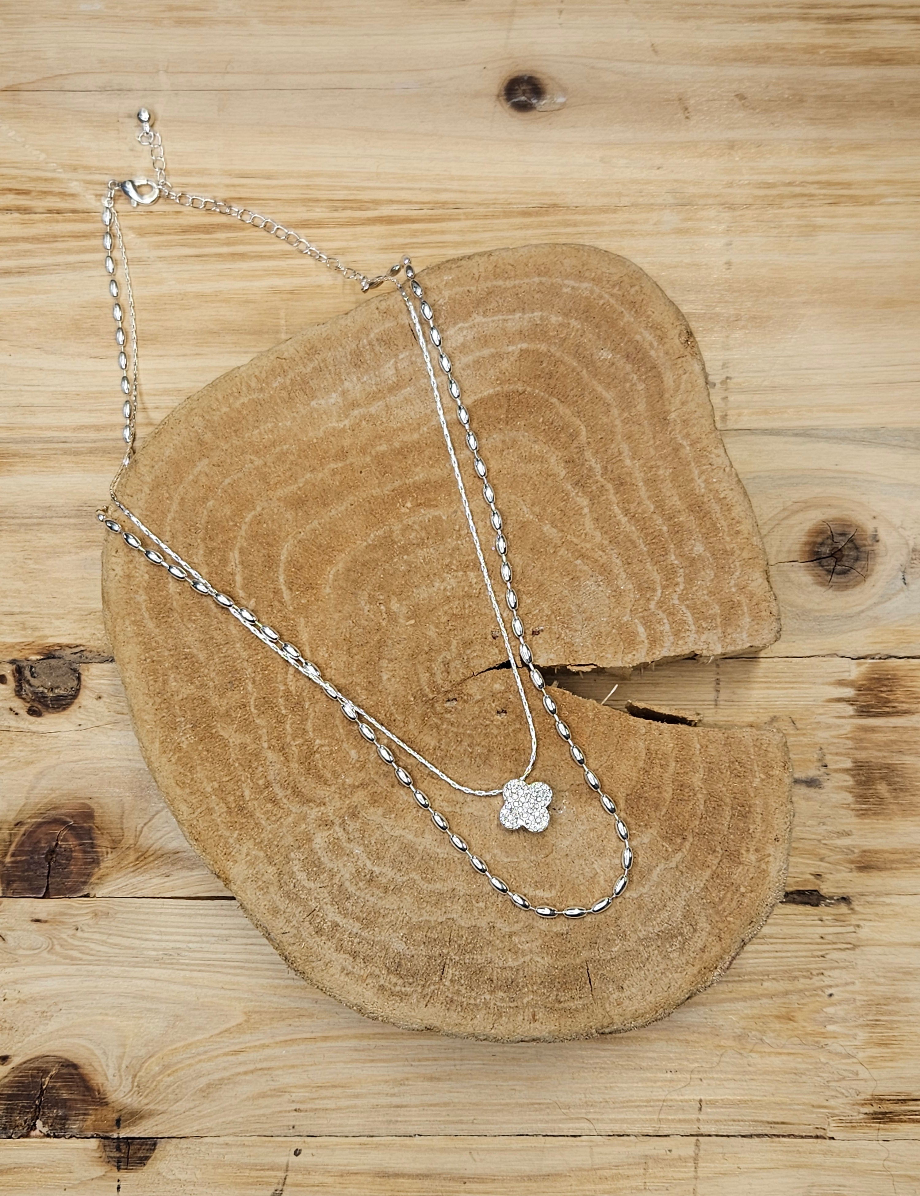 Double Layered Silver Rhinestone Clover Necklace Jewelry- Necklace WHAT'S HOT
