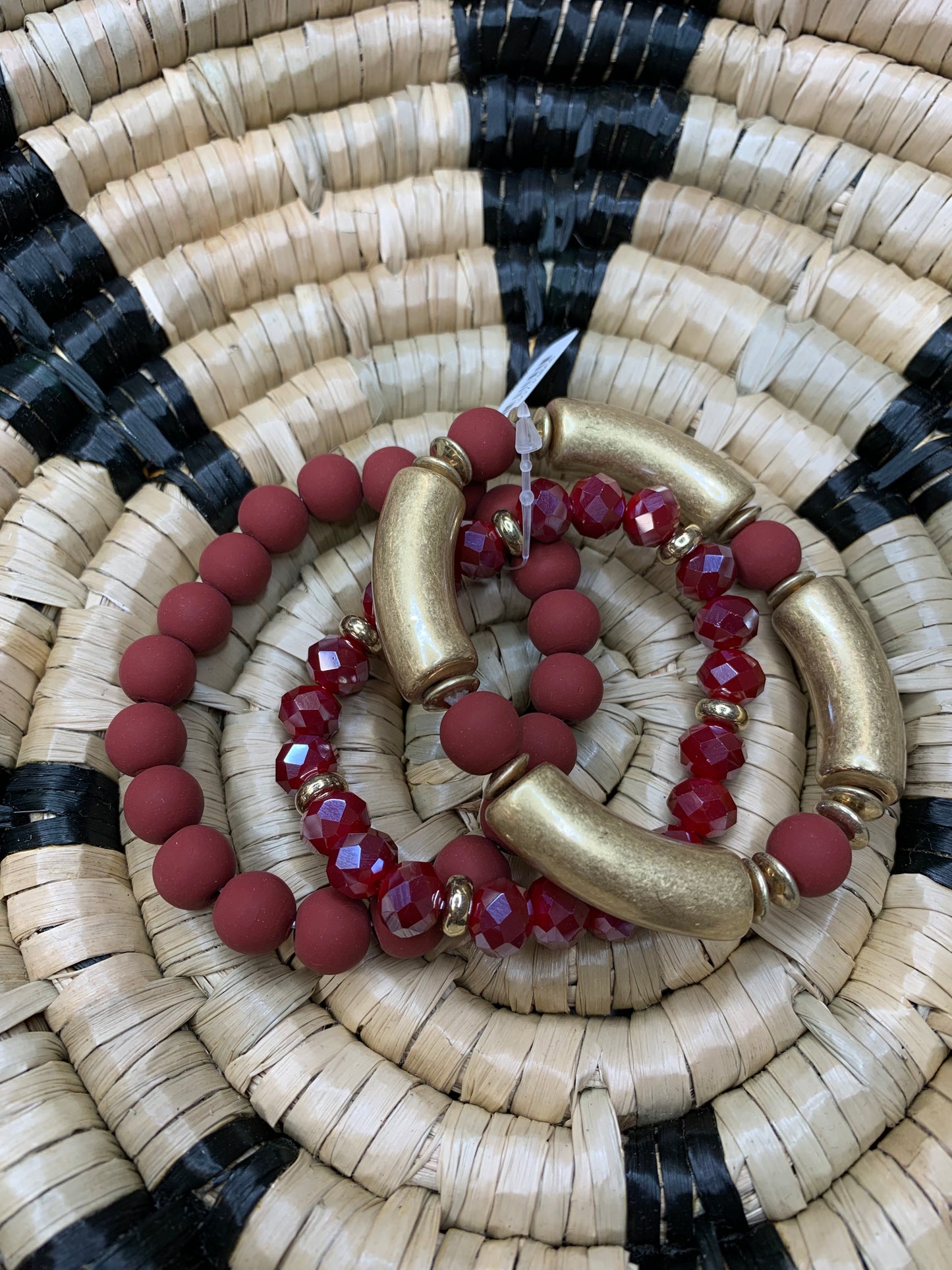 Maroon Clay, Gold & Crystal Bracelets (3)