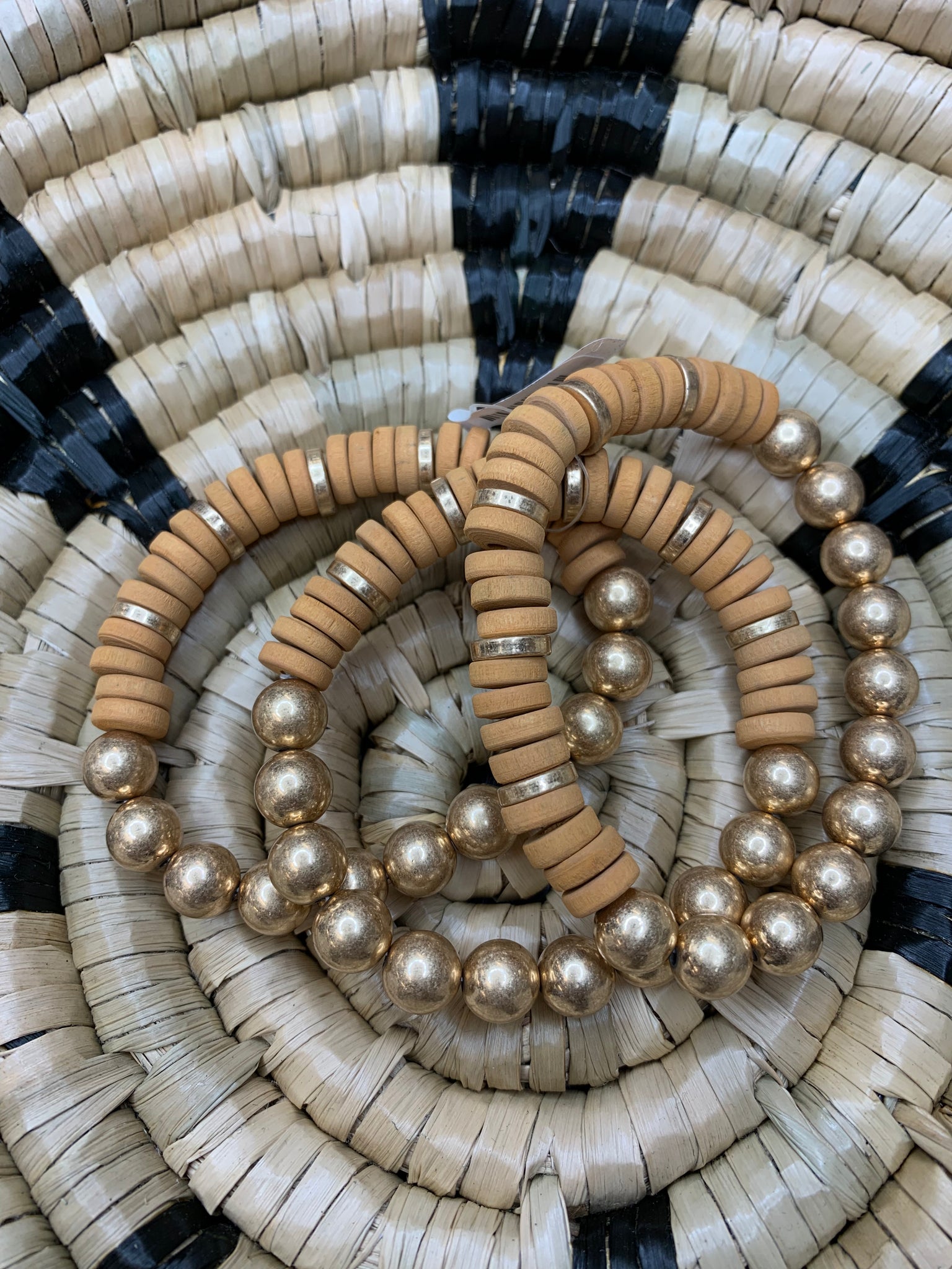 Mustard Wood & Gold Bracelets (3)