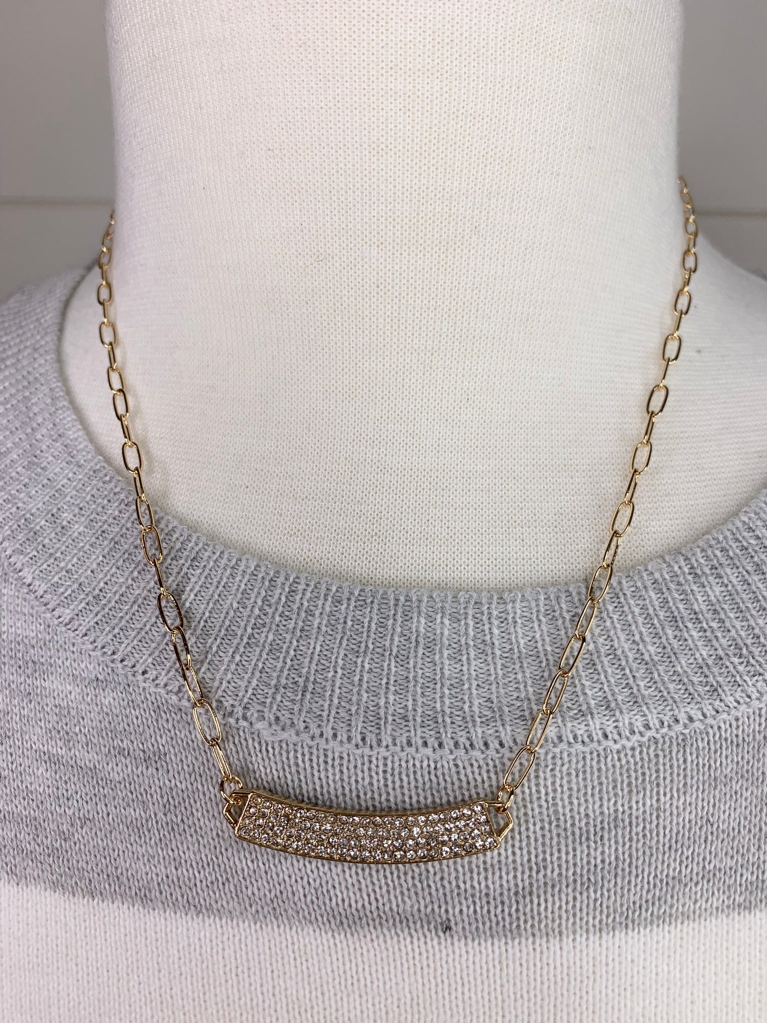 Gold Rhinestone Curved Bar Necklace