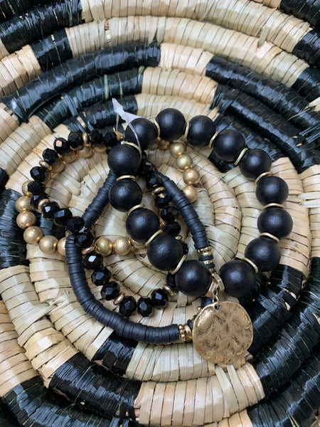 Black Wood, Gold & Crystal Bracelets (4)